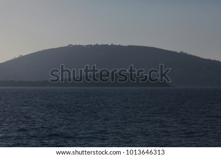Silhouettes of Turkish islands called Adalar in Marmara Sea near Istanbul. Text space. Outdoor shot