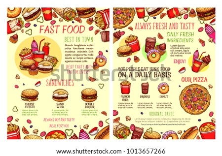 Fast food meals burgers and sandwiches or desserts sketch menu poster for fast food restaurant or cafe menu. Vector fastfood cheeseburger or ice cream and donut dessert combo, hamburger and popcorn