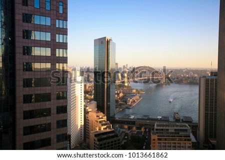 Beautiful morning landscape downtown cityscape view of Sydney city harbour from top of high rise building construction site, Sydney CBD, Australia 