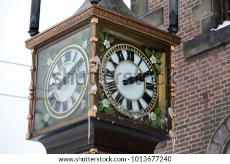 Old Steam clock in Hokkaido Japan winter season vacation time. 