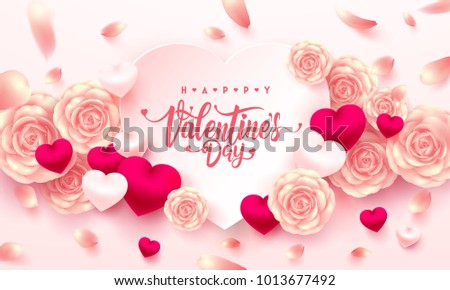 Valentine Hearts with Typography font,Sweet heart and Pink rose for Valentine's Day Brochures,Poster or Banner.Vector illustration EPS10.