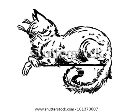 Cat Sitting On Ledge - Retro Clipart Illustration