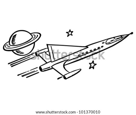 Spaceship Passing Saturn - Retro Clipart Illustration