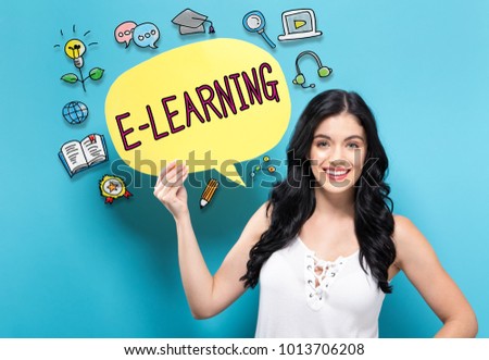 E-Learning with young woman holding a speech bubble