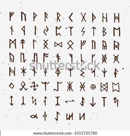 Set of Old Norse Scandinavian runes. Runic alphabet, futhark. Ancient occult symbols, vikings letters on white, rune font. Vector illustration with light texture. Ancient norse letter. Royalty-Free Stock Photo #1013725780
