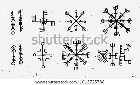 Futhark norse islandic and viking runes set. Magic hand draw symbols as scripted talismans. Vector set of ancient runes of Iceland. Galdrastafir, mystic signs of early North magic. Ethnic norse viking Royalty-Free Stock Photo #1013725786