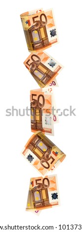 Border of falling fifty Euro notes, isolated on white background.