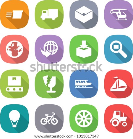 flat vector icon set - delivery vector, truck, box, ambulance helicopter, globe, package, cargo search, transporter tape, broken, train, sail boat, air ballon, bike, wheel, tractor