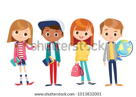 Set of kids with school supplies. School kids with books. Education vector. Set of kids children teenagers characters in different poses, clothes , wear. Children fashion models, Kids apparel. 