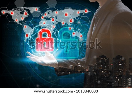Double exposure of Businessman hand holding with virtual screen padlock Icons global network.
