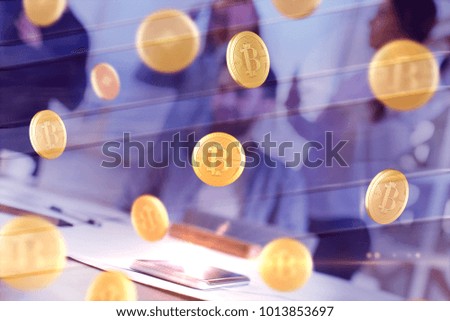 Close up of glowing smartphone at workplace with abstract falling bitcoins and blurry businesspeople in the background. Investment and trading concept. Double exposure 