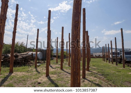 Surrealistic rows of wooden piles on the construction site in the open air.