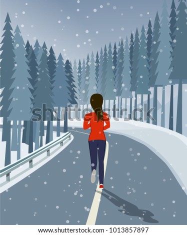 Woman run on road surrounded by forest and snow, vector design