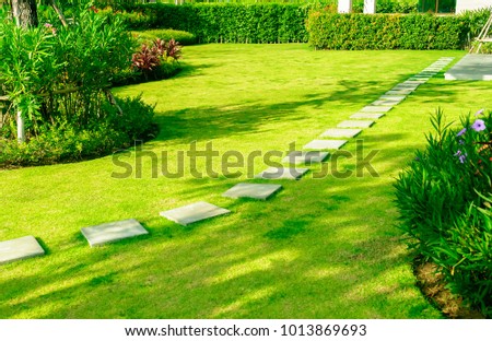 Green lawns with bricks pathways, Garden landscape design
