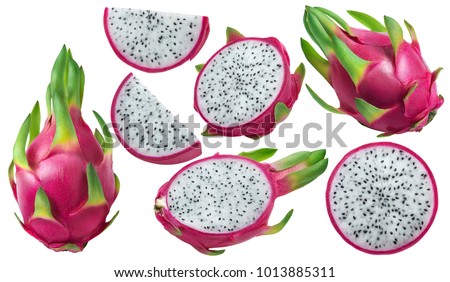 Dragon fruit or pitaya pieces set isolated on white background as package design element