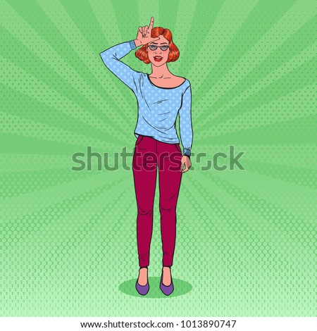 Pop Art Beautiful Woman Gesturing Hand Sign Loser on Forehead. Facial Expression. Vector illustration