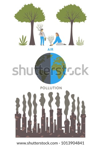 Air pollution. Ecology problem concept. Factories pollute the environment. Vector illustration