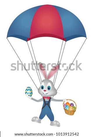 Easter bunny flying in parachute with easter egg basket