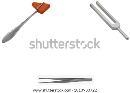 orange hammer jerk for knee and tuning fork for ear and forceps in frame of copy text space