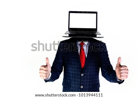 Human-computer on a white background. Laptop instead of a head. Hand gestures.