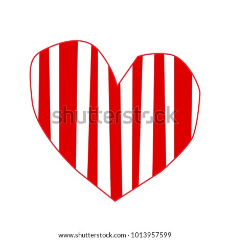Cute big red hand drawn heart sticker with striped pattern isolated on white background. Valentine's day, or love wedding clip art, element or detail for scrapbook or greeting card design. 