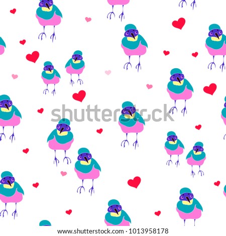 Seamless pattern with bright tropic bird plush crested jay. Red hearts on white. Vector illustration. Background for bedding textiles, fabrics, wallpapers, cover design,
wrap, notebooks.