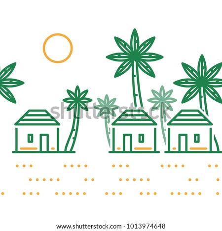 Small tribe, tiny village in a hot southern land. Might be in Africa, Asia or India, vector line illustration
