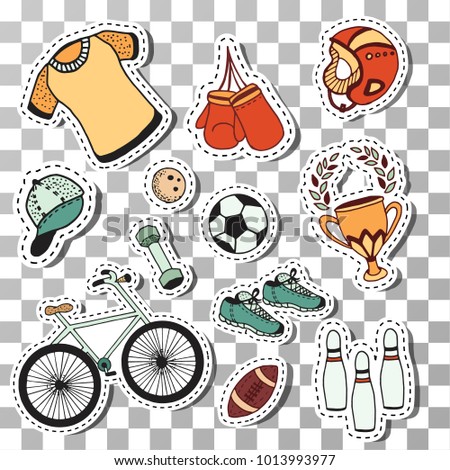 Doodle Sport stickers fitness hand drawn vector illustration on transparent background