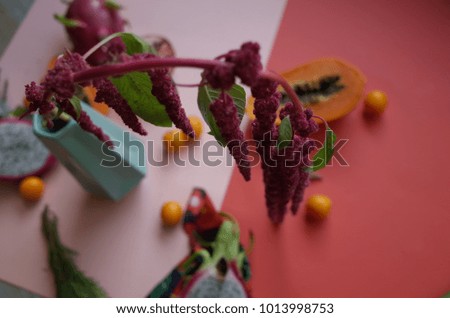 Still life photography with flowers and fruits