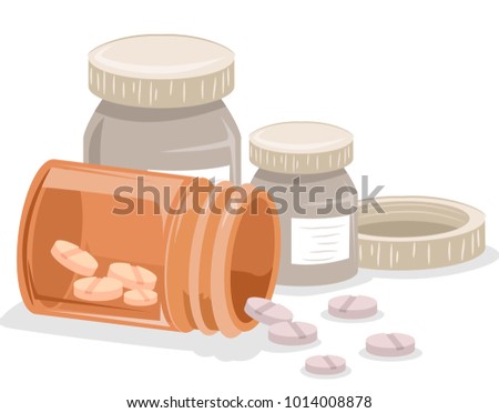 Illustration of Different Pills with One Container Left Open and Spilling