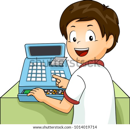Illustration of a Kid Boy Working the Cash Register