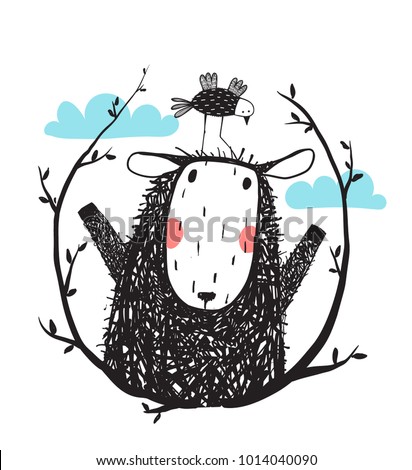 Funny Sheep and Bird Portrait with Laurel. Cute quirky little animal friends cartoon hand drawn sketchy. Raster variant.