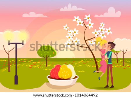 Man in love holding blonde woman on sunset in park vector illustration. Blossom tree, green grass, color flowerbed and lights at spring