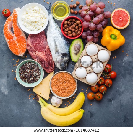 Healthy nutrition concept. Balanced healthy diet food chart. Meat, fish, vegetables, fruit, beans, dairy products. Top view. Cooking ingredients. Organic food. Clear eating. Healthy food idea
 Royalty-Free Stock Photo #1014087412