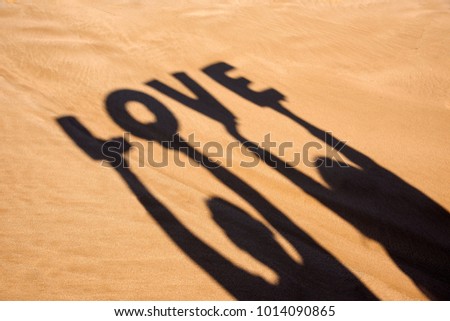 closeup of the shadow of a man and a woman holding some letters forming the word love over their heads on the sand of a beach