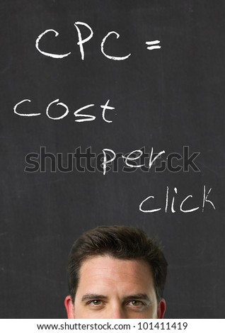 Business man over blackboard with the explanation of the acronym CPC