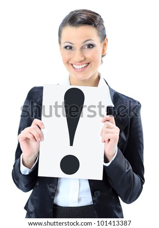 Beautiful businesswoman with a sign exclamation mark. Isolated on a white background.