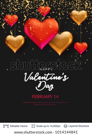 Red and golden 3D hearts on black. Easy to edit vector background. Holiday greeting card design.
