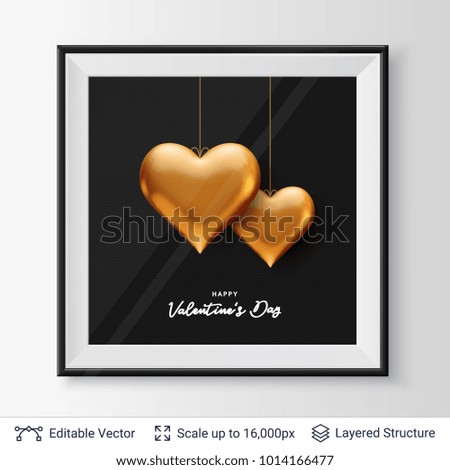 Pair of 3D Heart shaped golden air balloons. Easy to edit vector background. Holiday greeting card design.