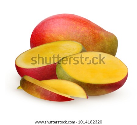 Isolated mango. Ripe mango is a fruit whole and half isolated on white background with shadows.