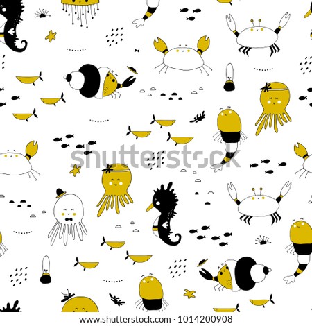 Sea seamless pattern. Underwater world, ocean creatures. Vector bright background. Can be used for wallpaper, children fashion, stationery, scrapbooking, home decor and textile, fabric prints.