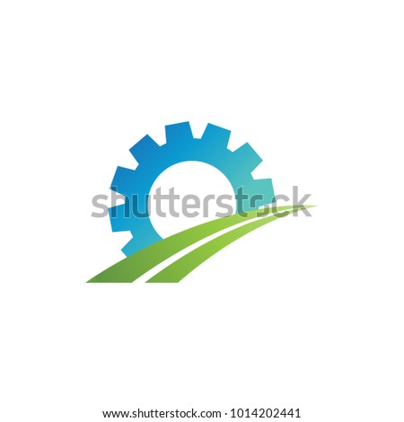 Gear and green field industrial logo design template vector