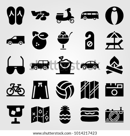 Summertime vector icon set. airplane, ice cream, bus and bonfire