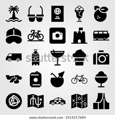 Summertime vector icon set. airplane, coconut, tent and baseball cap