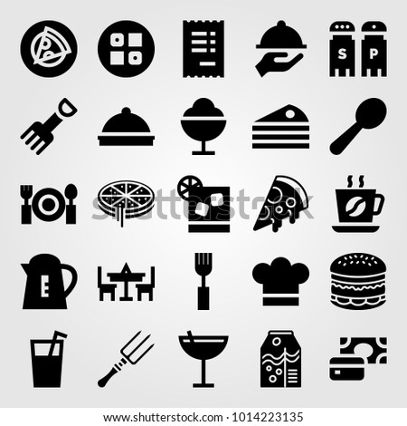 Restaurant vector icon set. salt and pepper, cup, cutlery and sushi