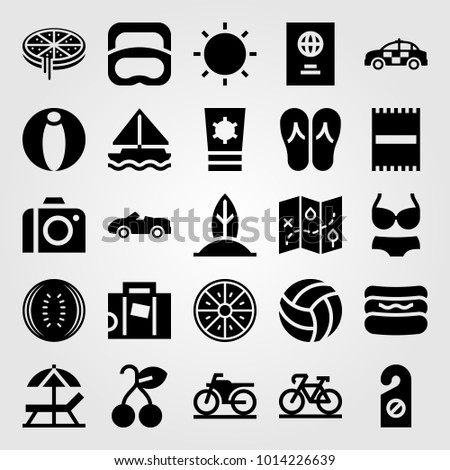 Summertime vector icon set. diving, motorbike, sport car and volleyball