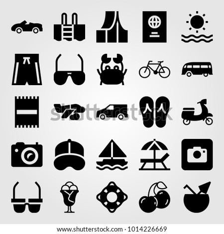 Summertime vector icon set. swimsuit, sport car, cap and truck