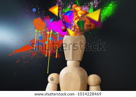   Mind blowing manikin with creative explosion splashes 3d objects DNA and more mind = blow feeling alive of an object                                Royalty-Free Stock Photo #1014228469
