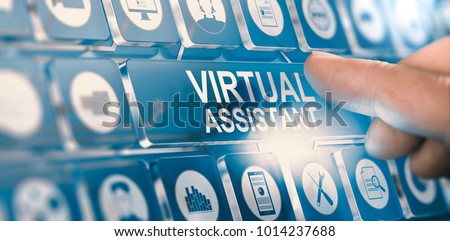Finger pressing a digital button with the text virtual assistant. Concept of personal PA services. Composite between a hand photography and a 3D background Royalty-Free Stock Photo #1014237688