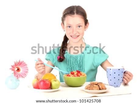 little beautiful girl have a breakfast on white background